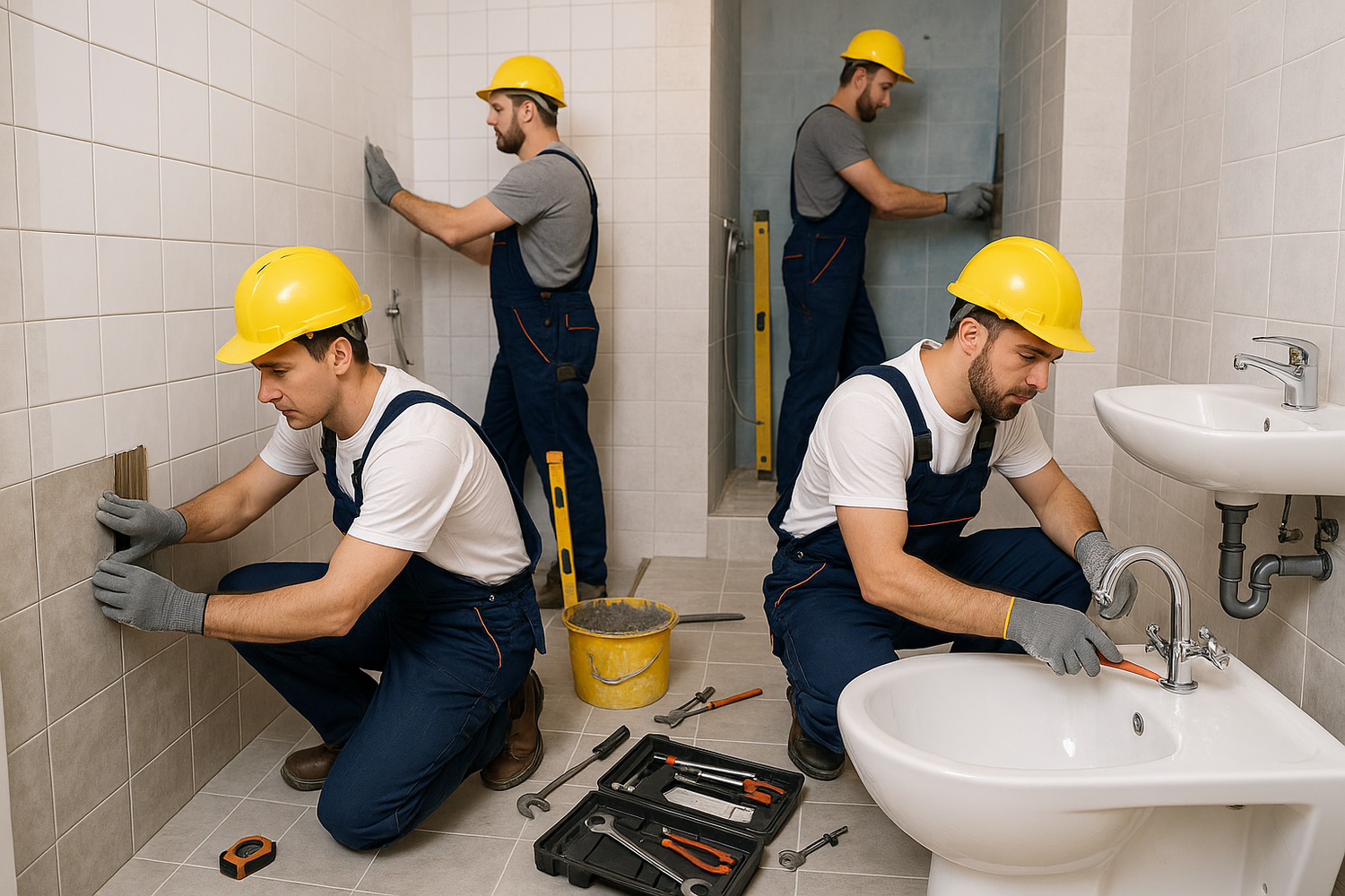 Make an image with guys that are building a bathroom
